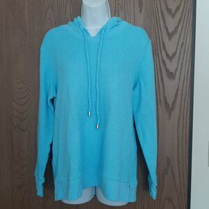 Chico's Light Blue Waffle Knit Tied Hoodie Sweater Size 3 XL Warm Cozy